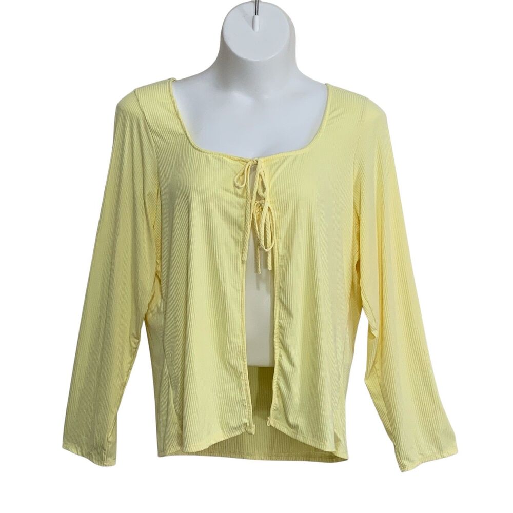PrettyLittleThing Cardigan Womens 26 Yellow Ribbed Knit Tie Front Long Sleeve